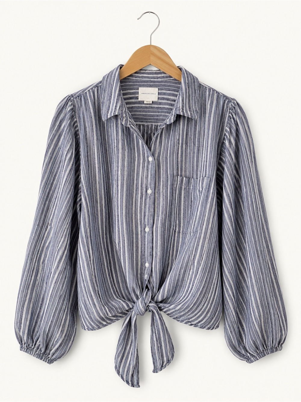 American Eagle Outfitters Blue and White Striped Tie-Front Button-Down Shirt